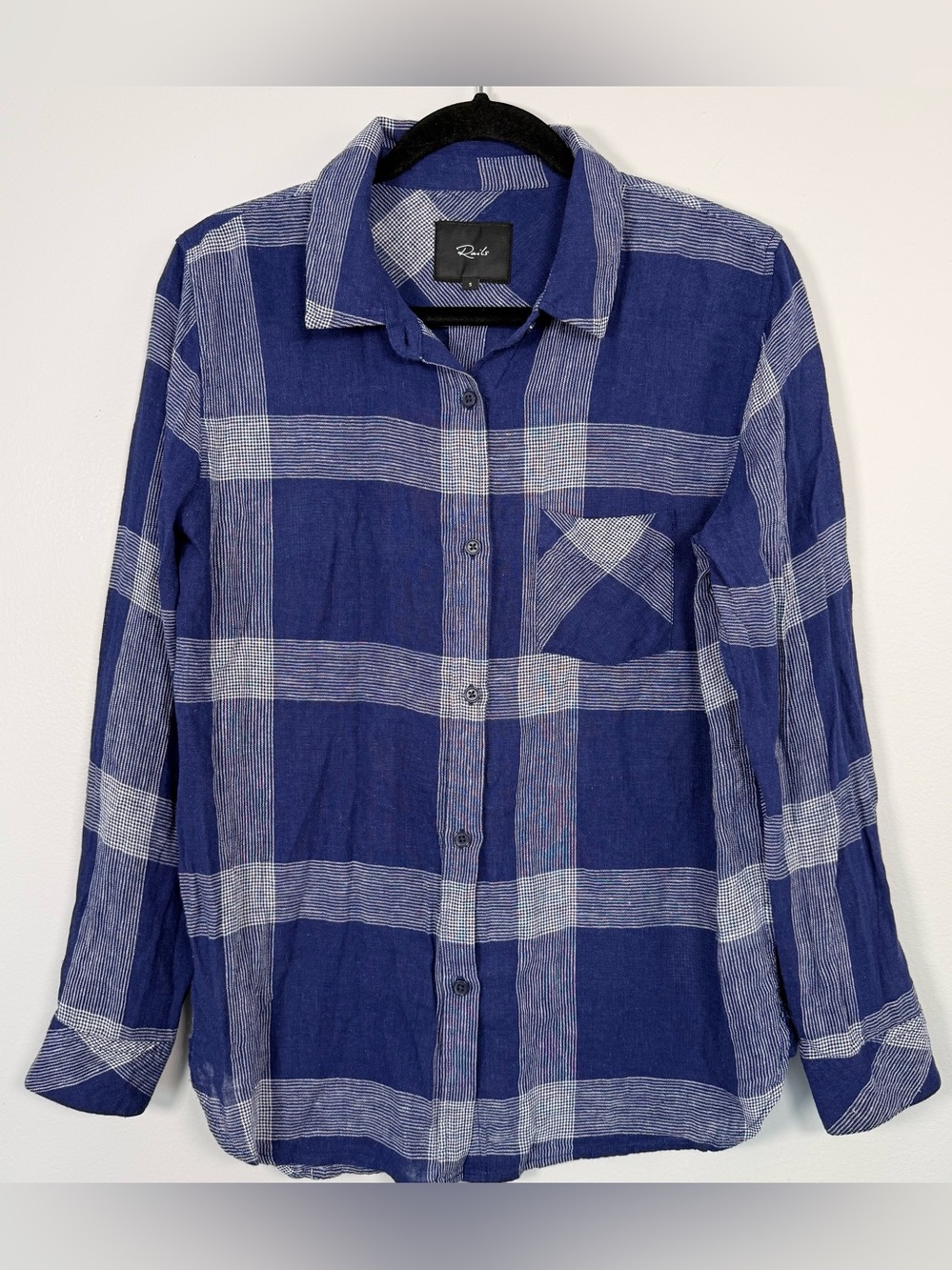 Rails Women’s Blue White Plaid Linen Blend Button Up Shirt S “Charli”